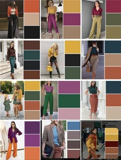 many different color combinations are shown in this collage with the same woman's clothing