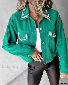 KatyKey - Embellished Denim Jacket with Rhinestone Studs, Pearl Details, and Buttoned Closure Denim Jacket Embroidery, Studded Denim Jacket, Embellished Denim Jacket, Jacket Fabric, Studded Denim, Chic Type, Embellished Denim, Estilo Chic, High Neck Sweater