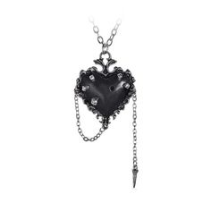 Witches Heart Pendant Necklace A pendant of a pillowed black pewter heart within a fine, decorative pewter frame, the heart pinned with five pewter nails with a sixth loose on a chain, which can be stuck into the vacant hole. A further decorative chain hangs on the opposite side. One Size, Adjustable. On an 18" (46cm) chain (overall length) plus has a 2" (5cm) extender chain. Brand: Alchemy of England. Pewter Nails, Witch Heart, Alchemy Gothic, Alternative Jewelry, Gothic Necklace, Heart Pin, Neck Jewellery, Steampunk Jewelry, Pin Pendant