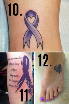 four pictures showing different types of tattoos on the legs and ankles, with words written below them