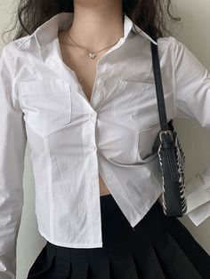 Button Down Casual Blouse Basic Long Sleeve Button Blouse - AnotherChill Crop Shirts For Women, Cropped White Shirt, Woman Streetwear, Women Korean Fashion, Y2k Skirt, Y2k Tops, White Shirts Women, Button Blouse, Button Up Long Sleeve