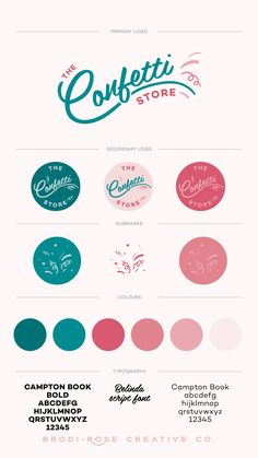 The Confetti Store Branding Design Identity P Online Store Color Palette, Preppy Logo Design Inspiration, Logo Design On Canva, Gift Shop Color Palette, Confetti Logo Design, Small Business Branding Design, Logo Colour Ideas, Positive Logo Design, Brand Identity Colour Palette