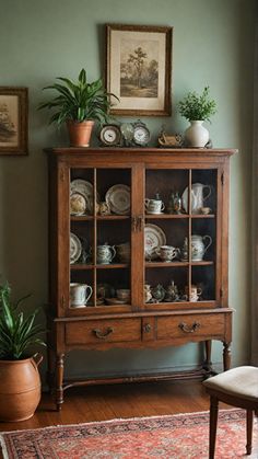 an old wooden cabinet with plates and cups on it's glass doors, next to a potted plant