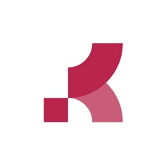 the letter k is made up of pink and red shapes on a white background,