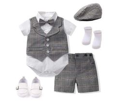 Boy Checked Outfit - Momorii Checked Outfit, Semi Formal Outfit, Gentleman Outfit, Kids Plaid, Cotton Outfit, Grey Hat, Cotton Romper, Boys Clothes Style, Summer Party Dress