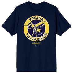 Step into the mystery of Yellowjackets with this unisex adult navy crew neck short sleeve t-shirt. The captivating custom design features an image of a wasp in a yellow circle with bold blue text that reads, "Wiskayok Yellowjackets." The movie's logo adds an extra touch on the back of the shirt in white. Made with comfortable cotton, this officially licensed t-shirt invites you to explore the intrigue of the series. Keep the design vivid by machine washing this graphic tee on cold with like colo Navy Crew Neck T-shirt For Fans, Navy Crew Neck T-shirt With Team Logo, Yellow Circle, Blue Text, Sleeve Packaging, Wasp, This Man, Men Short Sleeve, Design Features