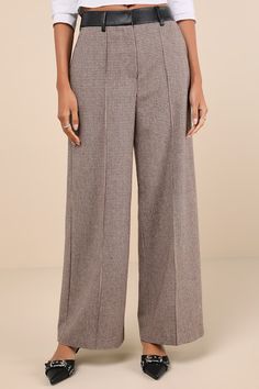 Your style will attract compliments all season long in the Lulus Memorably Chic Brown Houndstooth Tweed Wide-Leg Pants! Midweight woven fabric, with a wool-like feel and a houndstooth design throughout, falls from a faux leather waistband with matching belt loops. Hidden zip fly (with top clasp closures) secures at the front, atop wide legs with front diagonal pockets and pintuck-style detailing. Ankle-length hems complete the look. Decorative welt pockets at back. Fit: This garment fits true to Fall Tweed Trousers, Tweed Bottoms For Workwear In Fall, Fall Tweed Bottoms For Work, Tweed Bottoms For Business Casual In Fall, Fall Tweed Bottoms For Business Casual, Tailored Tweed Bottoms For Fall, Tailored Tweed Fall Bottoms, Chic Tweed Pants For Workwear, Tailored Houndstooth Bottoms For Fall