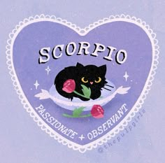 a black cat sitting on top of a heart shaped sticker that says scorppo