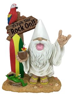 a figurine of a gnome with a surfboard next to a sign that says rock on