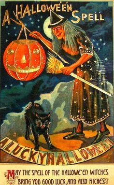 an old halloween poster with a witch holding a broom and a black cat on it