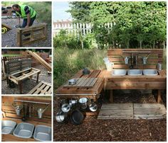 there are many pictures of different things in the yard, including pots and pans