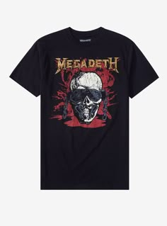 Vic Rattlehead is one of the greatest band mascots. He appears on all Megadeth album covers. This tee boldly and simply reps the mascot with a faux-distressed graphic pf his face plus Megadeth's logo above.100% cottonWash cold; dry lowImportedListed in men'sunisex sizes Megadeth Album Covers, Megadeath Shirt, Metal Head Outfits, Metal Band Tees, Megadeth Shirt, Megadeth T Shirt, Vic Rattlehead, Metal Tshirt, Heavy Metal Shirt