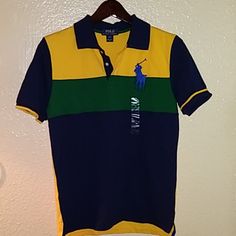 Premium Quality Ralph Lauren Polo Golf Shirt Size 14-16 Youths, And Back Side Of The Shirt Is A Solid Yellow. Sporty Yellow Short Sleeve Polo Shirt, Sporty Yellow Polo Shirt With Short Sleeves, Yellow Cotton Polo Shirt With Polo Collar, Yellow Sporty Cotton Polo Shirt, Yellow Cotton Sporty Polo Shirt, Fitted Blue Color Block T-shirt, Casual Yellow Polo Collar Shirt, Green Short Sleeve Color Block Shirt, Fitted Yellow Top With Polo Collar