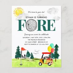 an image of a birthday party card with a golf ball on the tee and trees in the background