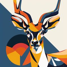 an abstract painting of a deer's head in orange, yellow and blue colors