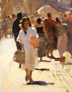 a painting of a woman walking down a street with people on the sidewalk behind her