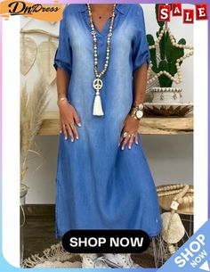 Fashion Plus Size Loose Women's Washed Denim Dress V-neck Denim Blue Dress For Beach, Bohemian Denim Dress For Summer, Bohemian Denim Dresses For Spring, Bohemian Dresses For Spring, Spring Bohemian Denim Dress, Spring Bohemian Denim Blue Denim Dress, Short Sleeve Denim Beach Dress, Bohemian Denim Dresses With Pockets, Denim Blue V-neck Dress For Beach