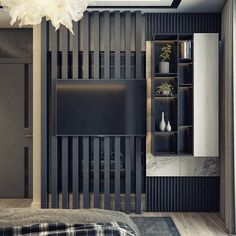 a modern bedroom with black and white decor