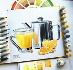 an artist's drawing of orange juice in front of some markers and crayons