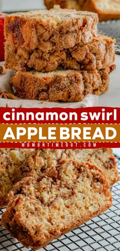 cinnamon swirl apple bread on a cooling rack with text overlay that reads cinnamon swirl apple bread