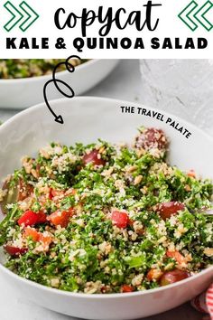 a white bowl filled with kale and quinoa salad on top of a table