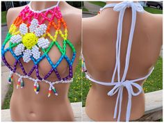 Candyland Rave Outfit, Kandi Bra, Halter Crochet Top, Rave Candy, Halter Crochet, Bead Top, Rave Outfits Festivals, Outfit Rave, Rave Fits