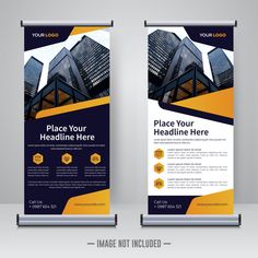 two roll up banners with yellow and black shapes on the front, side and back sides