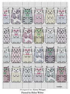 a cross stitch pattern with many cats in different colors and sizes, all on one side