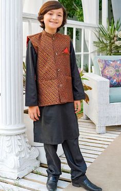 3 Piece Kurta Shalwar for Boys. Description Kurta: Black Cotton Kurta Trouser: Black Cotton Pants Coat: Dark Brown Banarasi Coat Country of Origin : Made in PAKISTAN General Care Instruction : Should be washed in gentle cycle and hung to dry. Color may bleed so please be mindful of other items with it. General Disclaimer: Size chart provides reference sizes and actual sizes might be slightly different from the size chart. Actual colors of the outfit may vary from the colors being displayed on the screen Traditional Festive Sets For Fall, Black Long Sleeve Nehru Jacket For Diwali, Black Nehru Jacket For Festivals, Traditional Black Outerwear For Eid, Traditional Black Sets For Fall, Black Winter Sets With Zari Work, Traditional Black Festive Outerwear, Traditional Black Kurta For Fall, Kurta Black