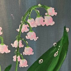 a painting of some pink flowers on a gray background with green leaves and drops of water