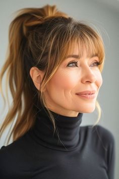 32 Elegant Long Hairstyles For Women Over 50 - The Hairstyle Edit Wispy Shag Bangs, Fringe With Layers, Ponytail Fringe, Hairstyles For Autumn, Straight Bangs Hairstyles, Long Hair With Bangs And Layers, Elegant Long Hairstyles, Long Hairstyles For Women, High Ponytail Hairstyles