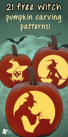 three pumpkins with the words, 21 free witch pumpkin carving patterns