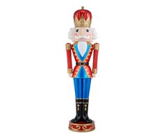 a nutcracker figure is shown in blue and red with gold trimmings