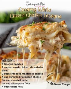 creamy white cheesy chicken lasagna recipe on a fork with text overlay