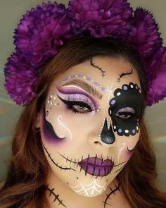 Halloween Mekaup Ideas, Easy Dia De Los Muertos Makeup Ideas, Makeup Catrina Facil, Simple Sugar Skull Makeup, Candy Skull Makeup, Halloween Deserts, Holloween Makeup