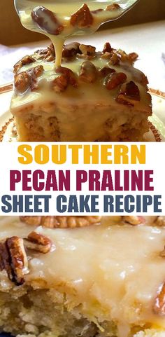 a piece of pecan pralie sheet cake is being drizzled with icing