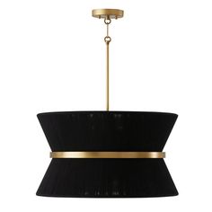 a black and gold chandelier hanging from a ceiling fixture with a circular shade