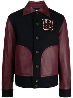 navy blue/wine red wool blend panelled design logo patch at the chest pointed flat collar front button fastening long sleeves two side welt pockets straight hem Logo Clothes, 2024 Logo, Pointed Flat Collar, Jacket Store, Jack Harlow, Jackets Casual, Wales Bonner, Mens Jackets Casual, Designer Jackets