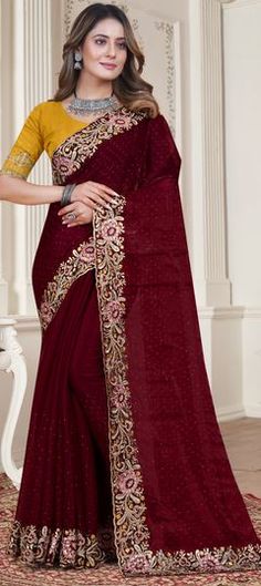 Red and Maroon color Saree in Satin Silk, Silk fabric with Embroidered, Resham, Swarovski, Thread, Zircon work Red Bollywood Blouse Piece With Dabka Work, Red Bollywood Blouse With Dabka Work, Burgundy Saree With Zari Work For Wedding, Burgundy Wedding Saree With Zari Work, Festive Red Saree With Dabka Work, Red Bollywood Saree With Dabka Work, Traditional Drape Red Embroidered Fabric With Dabka Work, Red Dabka Work Saree For Festivals, Red Saree With Dabka Work For Reception