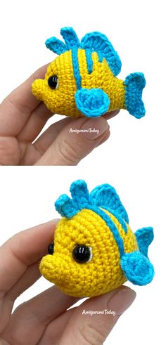 crocheted yellow and blue fish amigurt doll by anagrami today