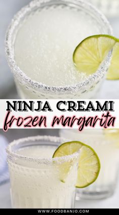 two glasses filled with frozen margaritas and lime slices