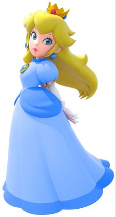 the princess in her blue dress is looking back at the camera and she has long blonde hair