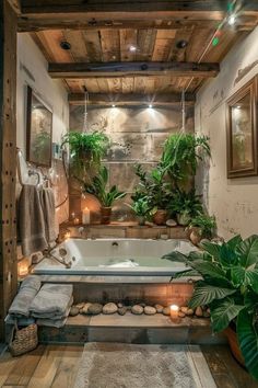 a bathroom with a tub and plants in it