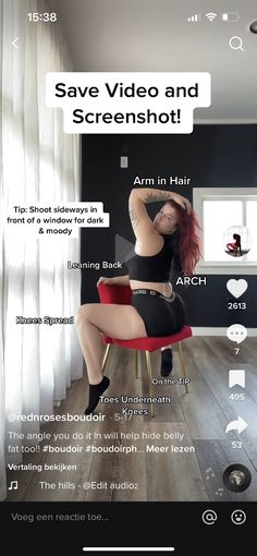 a woman sitting in a chair with her arms behind her head and the words save video and screenshot