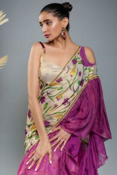 Gold ombre tissue and shimmer georgette saree with cold-shoulder patchwork, digital print and sequins hand embroidered border. Comes with an unstitched blouse. - Aza Fashions Festive Silk Chiffon Pre-draped Saree, Silk Chiffon Pre-draped Saree With Sheer Dupatta, Elegant Multicolor Cotton Silk Pre-draped Saree, Festive Fusion Pre-draped Saree With Unstitched Blouse, Festive Pre-draped Silk Chiffon Saree With Sheer Dupatta, Traditional Silk Pre-draped Saree For Summer, Festive Silk Chiffon Pre-draped Saree With Sheer Dupatta, Fusion Pre-draped Saree With Unstitched Blouse For Diwali, Bollywood Style Pre-draped Saree With Sheer Dupatta For Summer