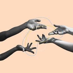 four hands reaching out towards each other with wires in the middle and fingers pointing at them