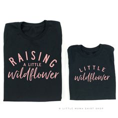 Mommy and Me Matching Shirts // Women's Boyfriend Fit Graphic Tee Shirt & Toddler or Baby Girl Shirt The perfect mommy and me outfit for a mama and her little wildflower! **Newborn-18 Month shirts are bodysuits // 18 Month + Up are T Shirts** IMPORTANT NOTE: These are unisex shirts. Women, order your normal size for a loose fit, or size down one for a more fitted look. Women normally prefer to size down in unisex sizing. The baby and toddler shirts run true to size. SHIPPING DETAILS: - All s Black Family Matching Tops With Text Print, Black Family Matching Shirt For Mother's Day, Cute Black Shirt For Spring, Spring Black T-shirt With Name Print, Mother's Day Black Tops With Graphic Print, Black Tops With Letter Print For Mother's Day, Black Crew Neck Tops For Mother's Day, Black Cotton Tops For Mother's Day, Cute Black T-shirt For Mother's Day