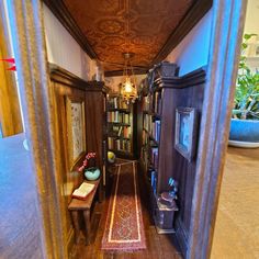 the hallway is lined with bookshelves and an antique rug in front of it