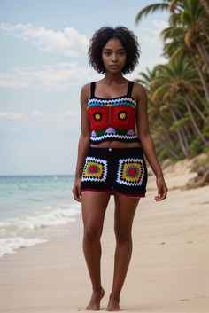 Women's Colorful Crop Top and shorts set   Please choose the model you like according to numbers on the photos Please choose the size you usually wear and share your bust waist and hip measurements at checkout    Looking for a stylish and comfortable handmade crop top and skirt for festivals?  Check out our collection  Granny Square top and shorts set  in our new collection We offer custom-made orders with different colors and measurements to suit your preferences. Please send us a private messa Short Length Sets For Beach Season, Beach Season Short Length Sets For Beach, Short Length Beach Sets, Multicolor Short Tops For The Beach, Multicolor Short Top For Beach, Short Multicolor Beach Tops, Multicolor Short Sets For Beach Season, Summer Beach Sets With Built-in Shorts, Multicolor Short Length Tops For Beach