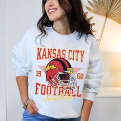 Vintage Kansas City Varsity Sweatshirt | Retro Football Crewneck | Oversized Sunday Game Day KC Apparel | Youth Athletic Wear Chiefs Sweatshirt, Kansas City Kansas, Varsity Sweatshirt, Retro Football, Thermal Shirt, Sports Hoodies, Kansas City Chiefs